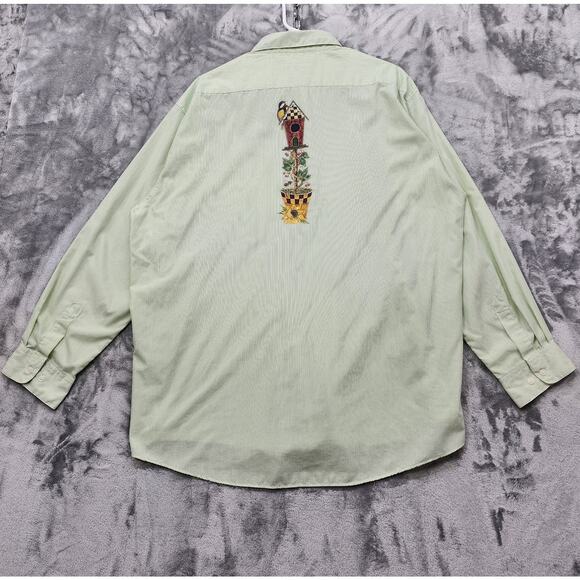 Vintage Get Lucky USA Top Womens 1X Green Striped Long Sleeve Bird House Flowers - Picture 4 of 14